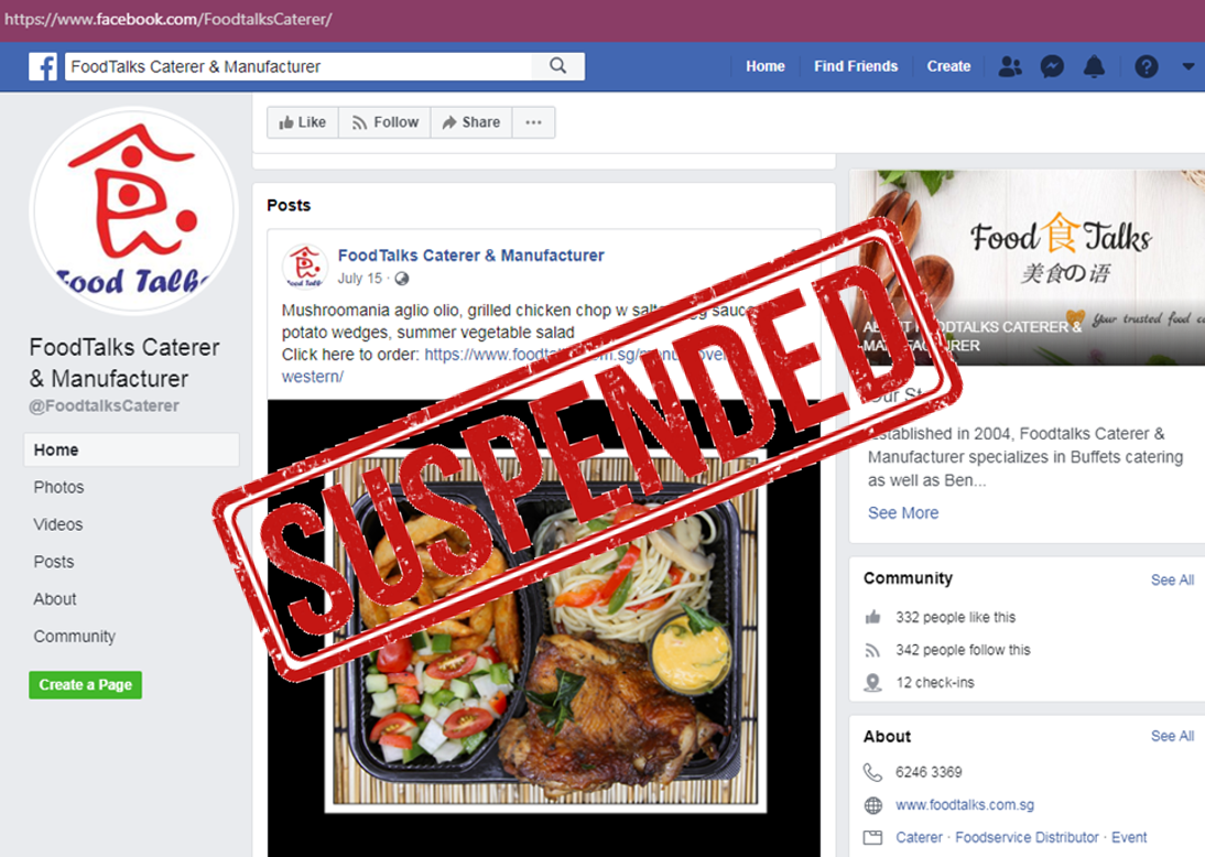 Suspension of Licence of Foodtalks Caterer and Manufacturer, at 3015 Bedok North Street 5, 04